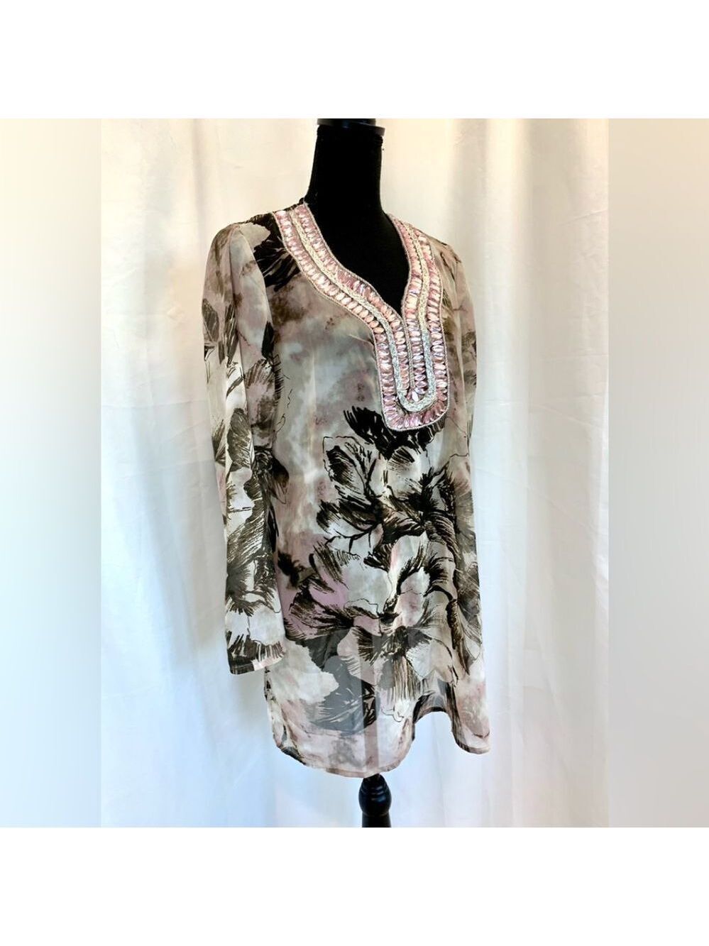 PREMISE brown pink sheer chiffon gem jewelled beach coverup blouse top Sz L 🔥 - Picture 5 of 13
